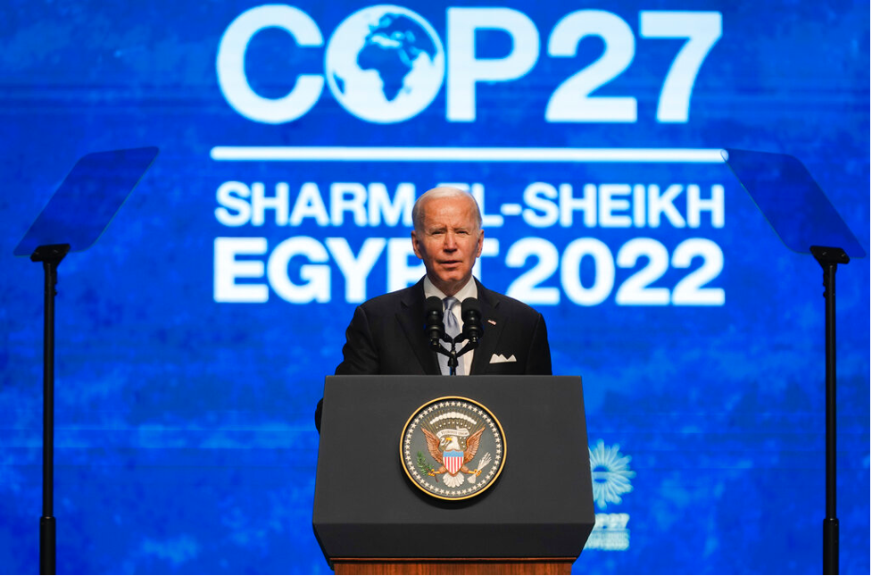 President Joe Biden speaks at the COP27 U.N. Climate Summit, Friday, Nov. 11, 2022, in Sharm el-Sheikh, Egypt. (AP Photo/Peter Dejong)